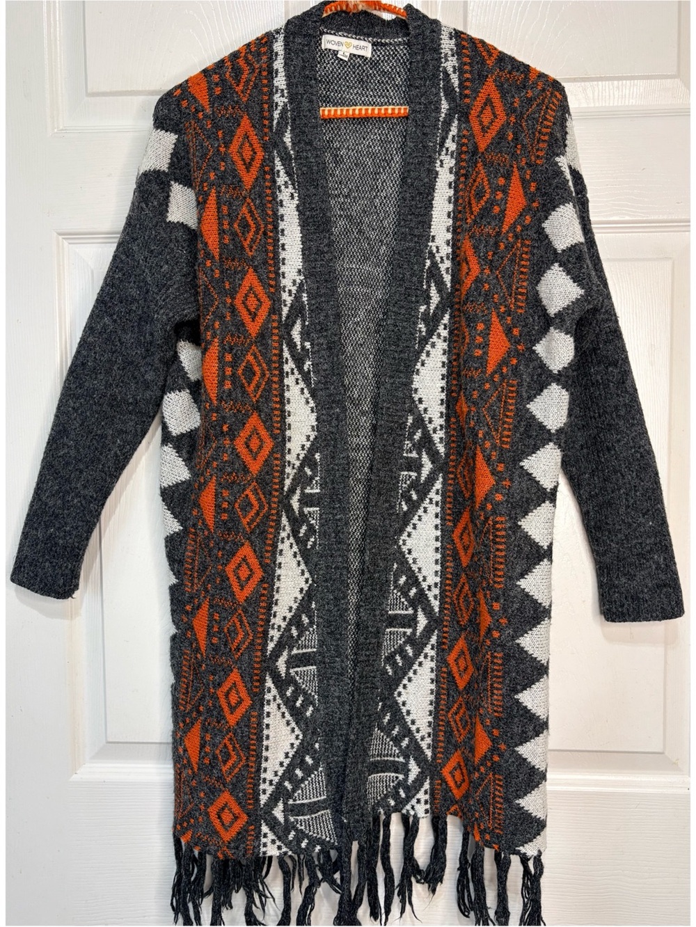 WOVEN HEART Aztec Southwestern Print Open Front Cardigan Sweater Duster~Large
